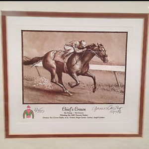 Cortez painting of '85 Travers Winner Chief's Crown, Angel Cordero Jr. aboard